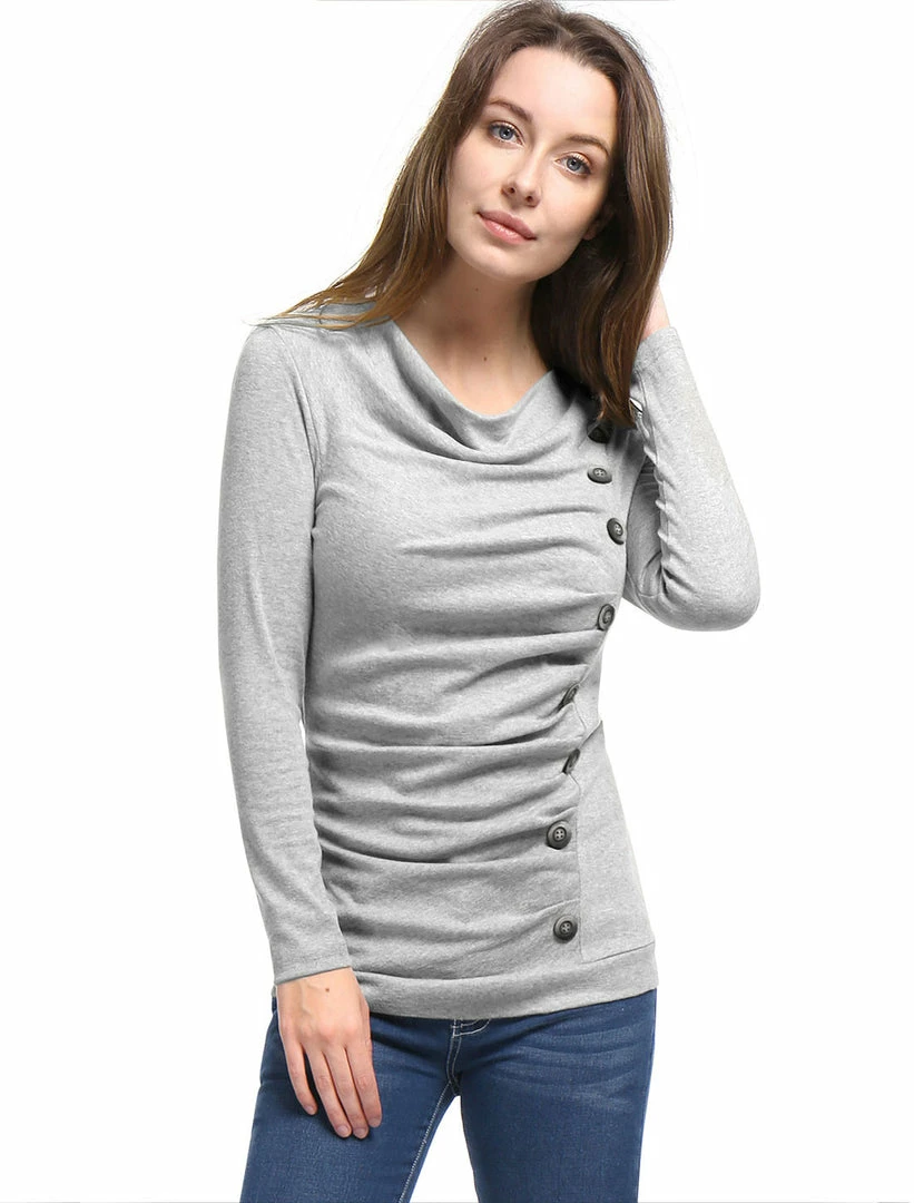 Women Allegra K Cowl Neck Long Sleeves Buttons Decor Ruched Top 59 Women Allegra K Cowl Neck Long Sleeves Buttons Decor Ruched Top