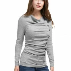 Women Allegra K Cowl Neck Long Sleeves Buttons Decor Ruched Top 143 Women Allegra K Cowl Neck Long Sleeves Buttons Decor Ruched Top