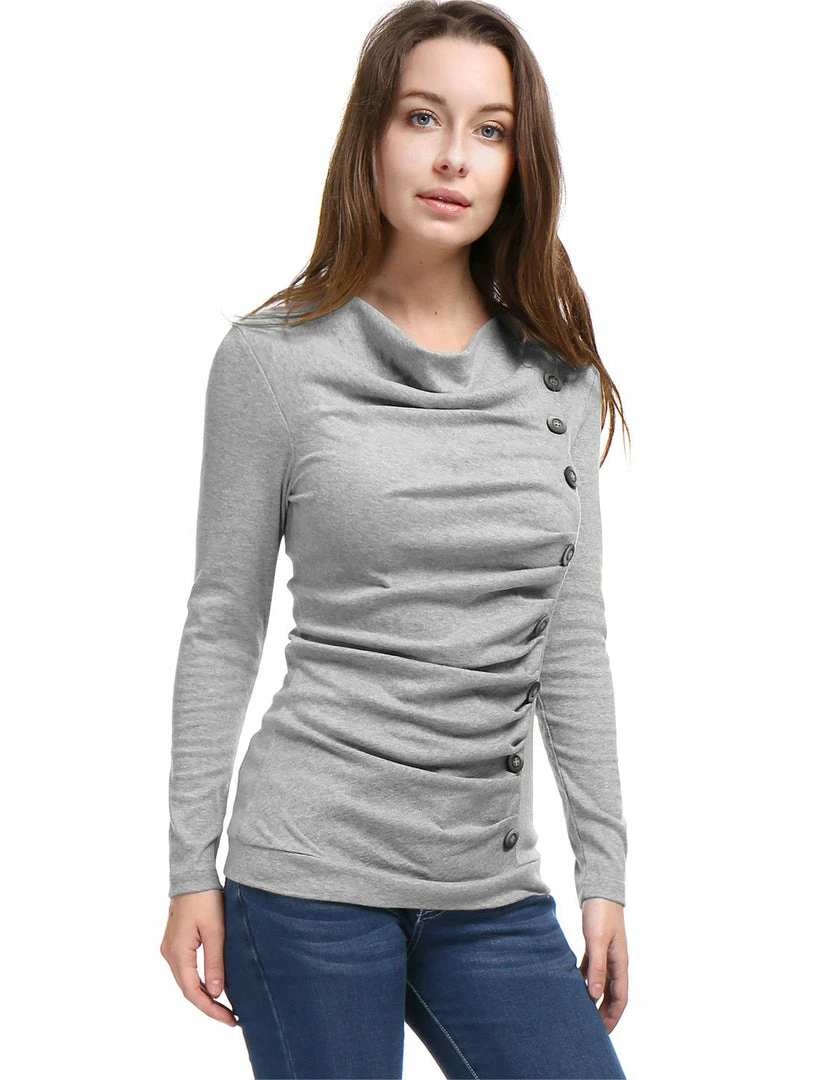 Women Allegra K Cowl Neck Long Sleeves Buttons Decor Ruched Top 56 Women Allegra K Cowl Neck Long Sleeves Buttons Decor Ruched Top