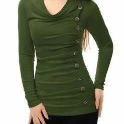 Women Allegra K Cowl Neck Long Sleeves Buttons Decor Ruched Top 138 Women Allegra K Cowl Neck Long Sleeves Buttons Decor Ruched Top