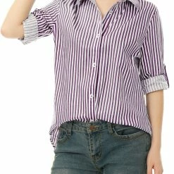 Allegra K Button Down Vertical Stripes Long Roll Up Sleeves Shirt Women