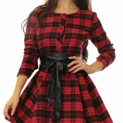 Allegra K 2098 Women Plaids Long Sleeves Belted Mini A Line Shirt Dress