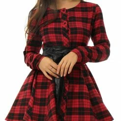 Allegra K 2098 Women Plaids Long Sleeves Belted Mini A Line Shirt Dress