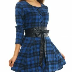 Allegra K 2098 Women Plaids Long Sleeves Belted Mini A Line Shirt Dress