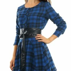 Allegra K 2098 Women Plaids Long Sleeves Belted Mini A Line Shirt Dress