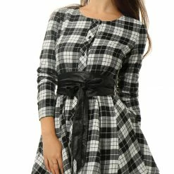 Allegra K 2098 Women Plaids Long Sleeves Belted Mini A Line Shirt Dress