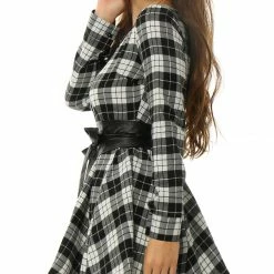 Allegra K 2098 Women Plaids Long Sleeves Belted Mini A Line Shirt Dress