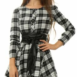 Allegra K 2098 Women Plaids Long Sleeves Belted Mini A Line Shirt Dress