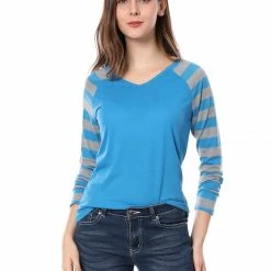 Allegra K Striped Long Raglan Sleeves V Neck Tee Shirt 71 Allegra K Striped Long Raglan Sleeves V Neck Tee Shirt