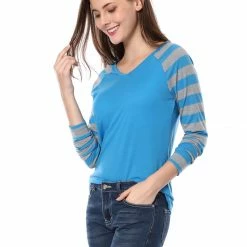 Allegra K Striped Long Raglan Sleeves V Neck Tee Shirt 72 Allegra K Striped Long Raglan Sleeves V Neck Tee Shirt