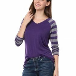 Allegra K Striped Long Raglan Sleeves V Neck Tee Shirt 64 Allegra K Striped Long Raglan Sleeves V Neck Tee Shirt