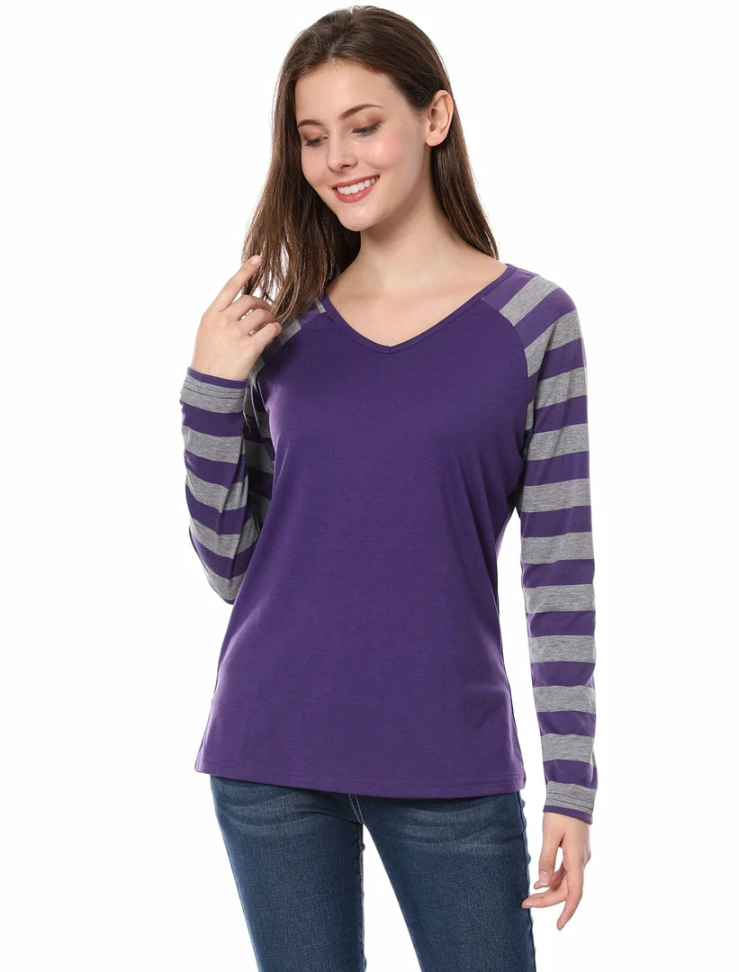 Allegra K Striped Long Raglan Sleeves V Neck Tee Shirt 20 Allegra K Striped Long Raglan Sleeves V Neck Tee Shirt