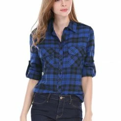 Allegra K Check Roll Up Sleeves Shirt With Flap Pockets