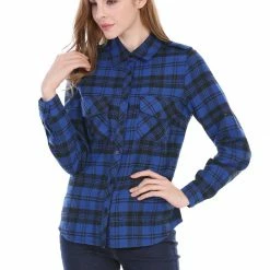 Allegra K Check Roll Up Sleeves Shirt With Flap Pockets