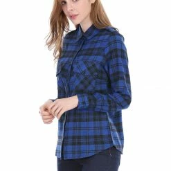 Allegra K Check Roll Up Sleeves Shirt With Flap Pockets