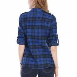 Allegra K Check Roll Up Sleeves Shirt With Flap Pockets