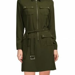 Allegra K Women's Roll Up Sleeves Multi-Pocket Knee Length Belted Shirt Dress