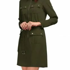 Allegra K Women's Roll Up Sleeves Multi-Pocket Knee Length Belted Shirt Dress