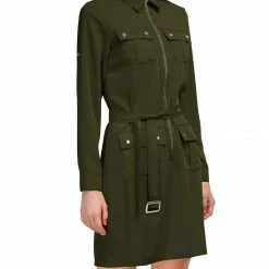 Allegra K Women's Roll Up Sleeves Multi-Pocket Knee Length Belted Shirt Dress