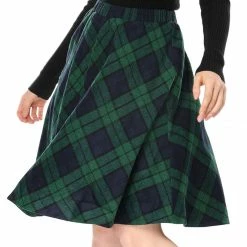 Allegra K Women Plaids Elastic Waist Knee Length Worsted A Line Skirt