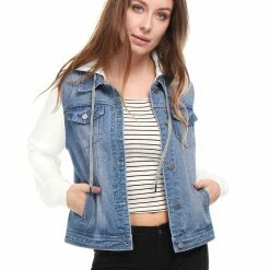 Women Allegra K Washed Denim Jacket With A Hood And Sleeves In Sweatshirt Fabric 74 Women Allegra K Washed Denim Jacket With A Hood And Sleeves In Sweatshirt Fabric