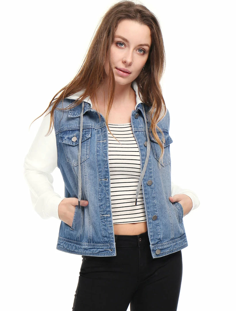 Women Allegra K Washed Denim Jacket With A Hood And Sleeves In Sweatshirt Fabric 26 Women Allegra K Washed Denim Jacket With A Hood And Sleeves In Sweatshirt Fabric