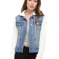 Women Allegra K Washed Denim Jacket With A Hood And Sleeves In Sweatshirt Fabric 75 Women Allegra K Washed Denim Jacket With A Hood And Sleeves In Sweatshirt Fabric