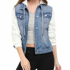 Women Allegra K Washed Denim Jacket With A Hood And Sleeves In Sweatshirt Fabric 73 Women Allegra K Washed Denim Jacket With A Hood And Sleeves In Sweatshirt Fabric