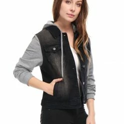 Women Allegra K Washed Denim Jacket With A Hood And Sleeves In Sweatshirt Fabric 69 Women Allegra K Washed Denim Jacket With A Hood And Sleeves In Sweatshirt Fabric