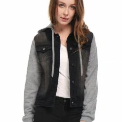 Women Allegra K Washed Denim Jacket With A Hood And Sleeves In Sweatshirt Fabric 70 Women Allegra K Washed Denim Jacket With A Hood And Sleeves In Sweatshirt Fabric