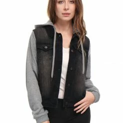 Women Allegra K Washed Denim Jacket With A Hood And Sleeves In Sweatshirt Fabric 71 Women Allegra K Washed Denim Jacket With A Hood And Sleeves In Sweatshirt Fabric