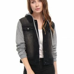 Women Allegra K Washed Denim Jacket With A Hood And Sleeves In Sweatshirt Fabric 68 Women Allegra K Washed Denim Jacket With A Hood And Sleeves In Sweatshirt Fabric