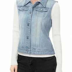 Allegra K Women's Washed Denim Buttoned Vest W Flap Pockets