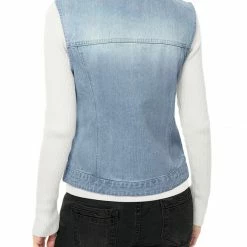 Allegra K Women's Washed Denim Buttoned Vest W Flap Pockets