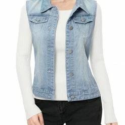 Allegra K Women's Washed Denim Buttoned Vest W Flap Pockets