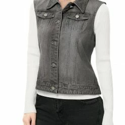 Allegra K Women's Washed Denim Buttoned Vest W Flap Pockets