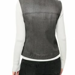 Allegra K Women's Washed Denim Buttoned Vest W Flap Pockets