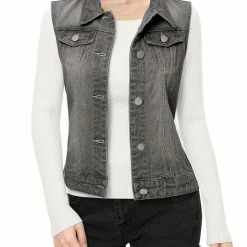 Allegra K Women's Washed Denim Buttoned Vest W Flap Pockets