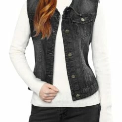 Allegra K Women's Washed Denim Buttoned Vest W Flap Pockets