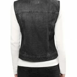 Allegra K Women's Washed Denim Buttoned Vest W Flap Pockets
