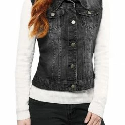 Allegra K Women's Washed Denim Buttoned Vest W Flap Pockets