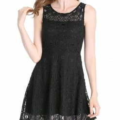 Allegra K Women's Floral Lace Sleeveless Semi Sheer Yoke Flare Mini Dress