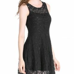 Allegra K Women's Floral Lace Sleeveless Semi Sheer Yoke Flare Mini Dress