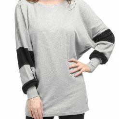 Women Allegra K Color Block Batwing Sleeves Oversize Tunic Top