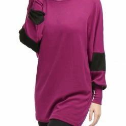 Women Allegra K Color Block Batwing Sleeves Oversize Tunic Top