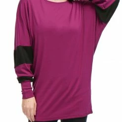 Women Allegra K Color Block Batwing Sleeves Oversize Tunic Top