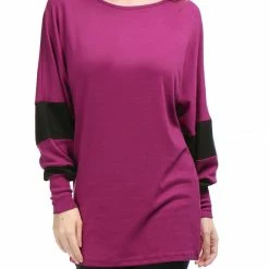 Women Allegra K Color Block Batwing Sleeves Oversize Tunic Top