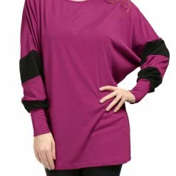 Women Allegra K Color Block Batwing Sleeves Oversize Tunic Top