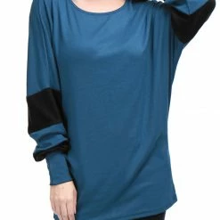 Women Allegra K Color Block Batwing Sleeves Oversize Tunic Top