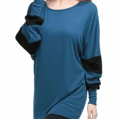 Women Allegra K Color Block Batwing Sleeves Oversize Tunic Top